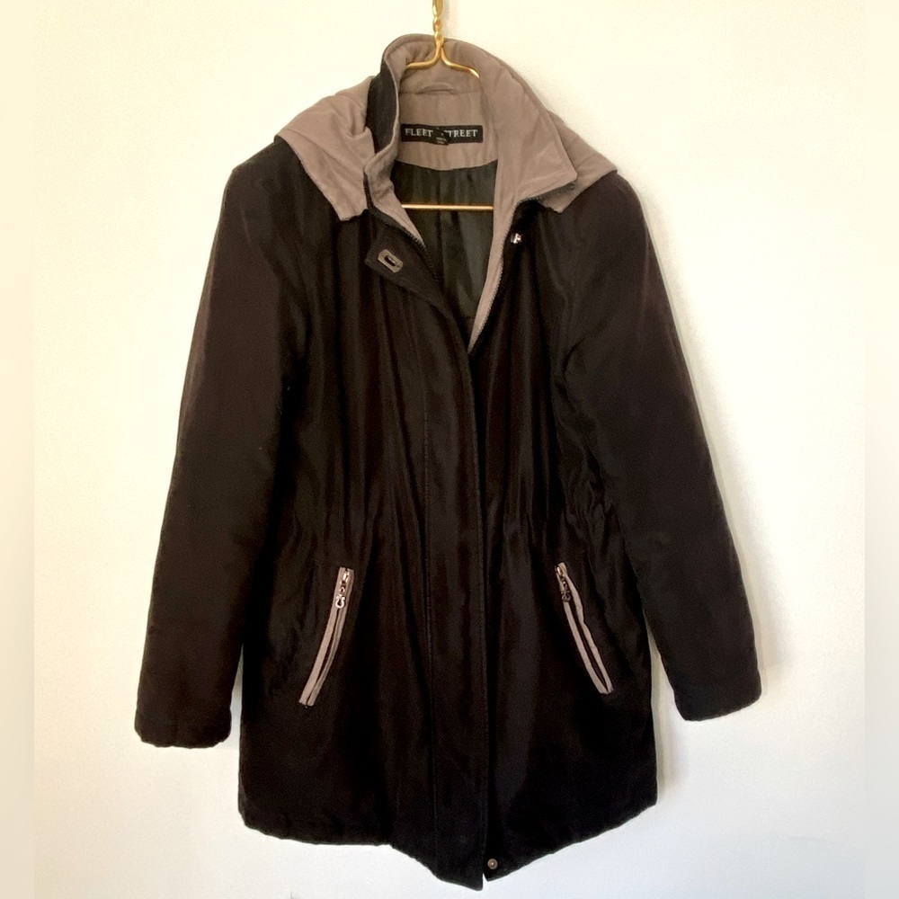 Fleet Street Black Brown Cinched Waist Lined Insulated Zip Hooded Jacket Small